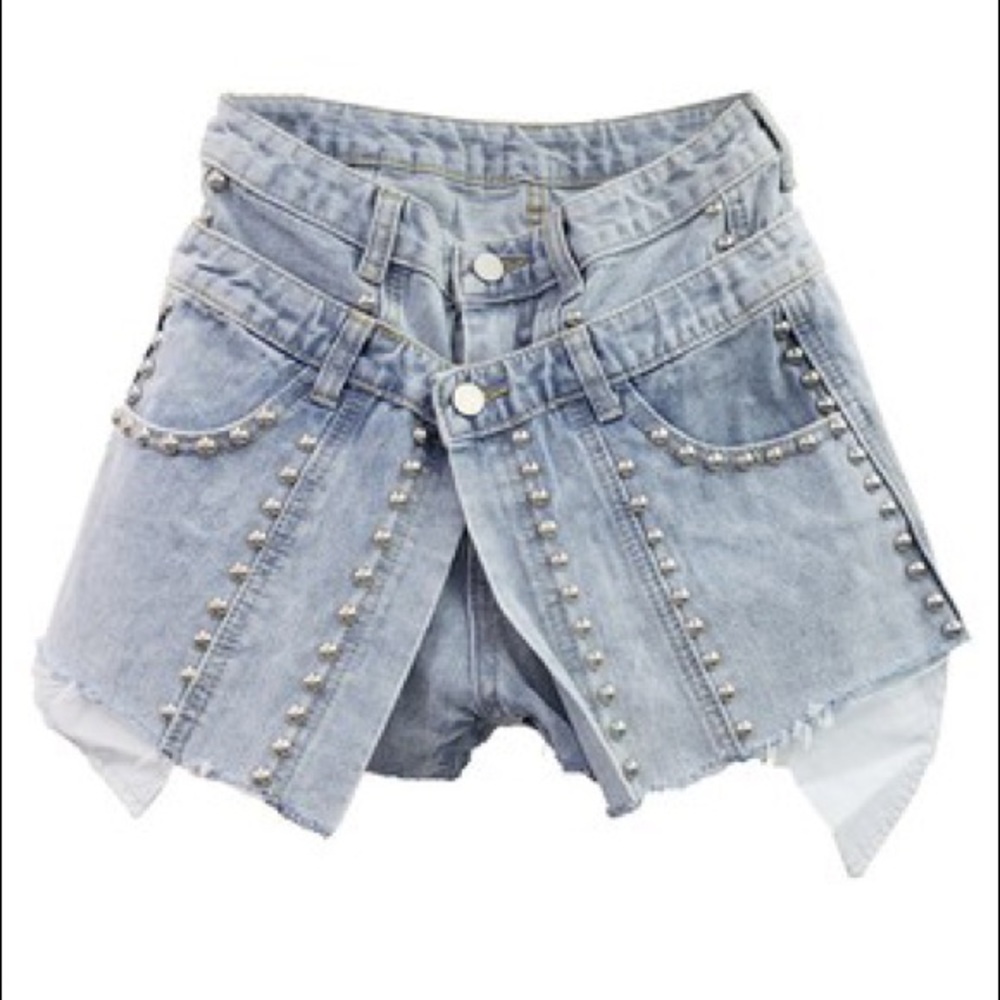 High Waisted Rivet Denim Skort